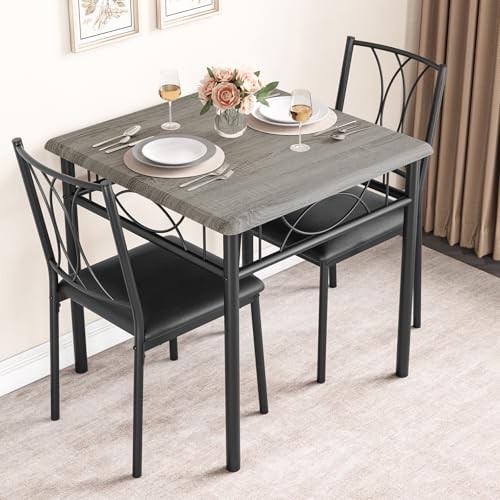 Small Dining Table Set for 2, Table with 2 Upholstered Chairs Rustic Gray