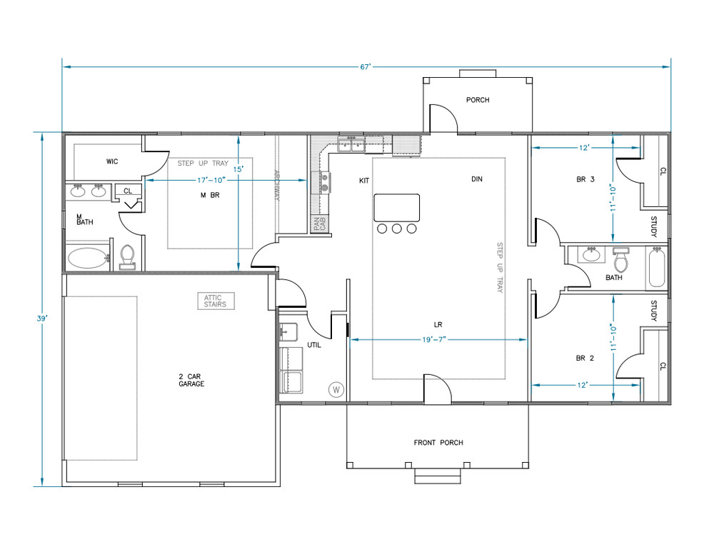 Ranch House Plans 1673 SF 3 Bed 2 Bath Split BR Open Floor (Blueprints) #1007