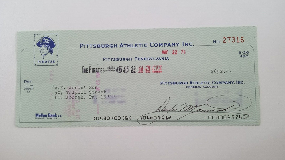 A.E. Jones' Son: 1978 Pittsburgh Pirates Expense Check