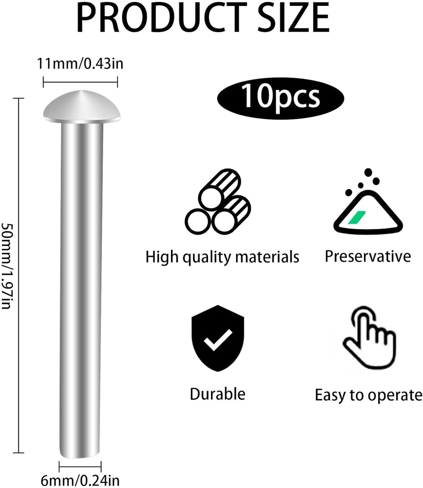 10 PCS Rivets for Spade Handle, Solid Rivet Tool, round Head Aluminum Rivets, Po