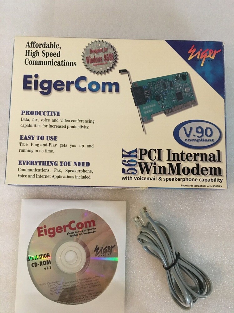 56K EigerCom Internal Data/Fax Modem PCI Version V.90 for Windows 95/98/NT 