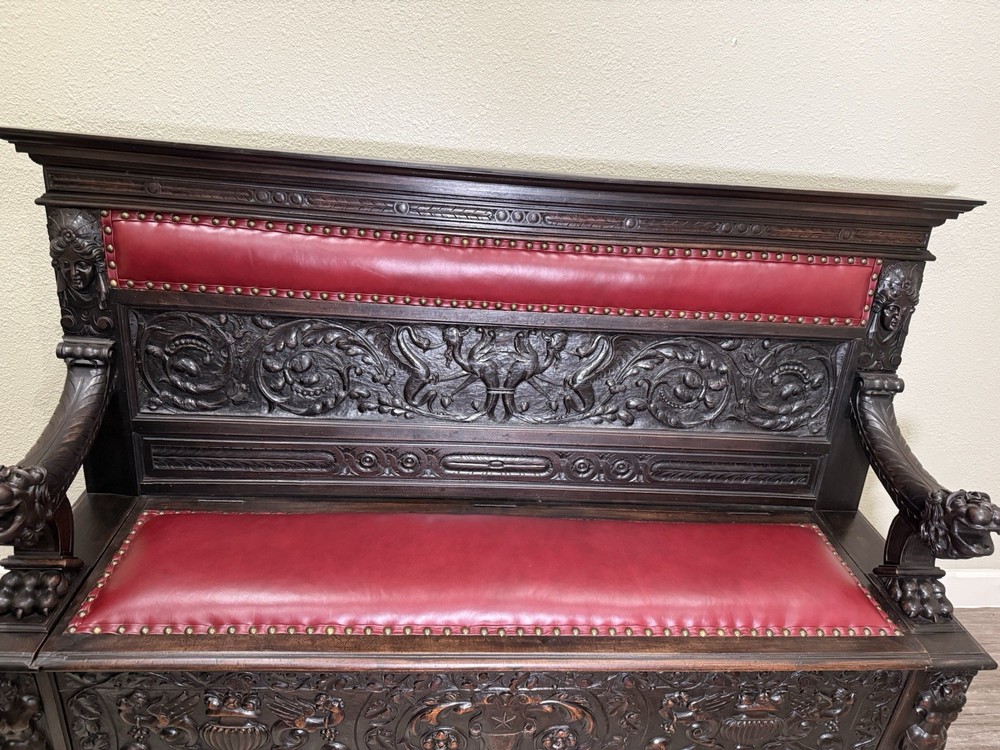 French Antique Renaissance Carved Walnut Bench w/ Storage