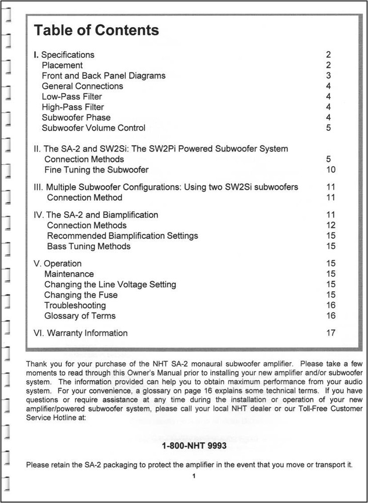 NHT SA-2 Subwoofer Amplifier Owner's Manual