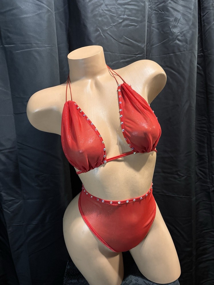 Red Mesh Two Piece Sheer Set With Crystal Stone Embellishing