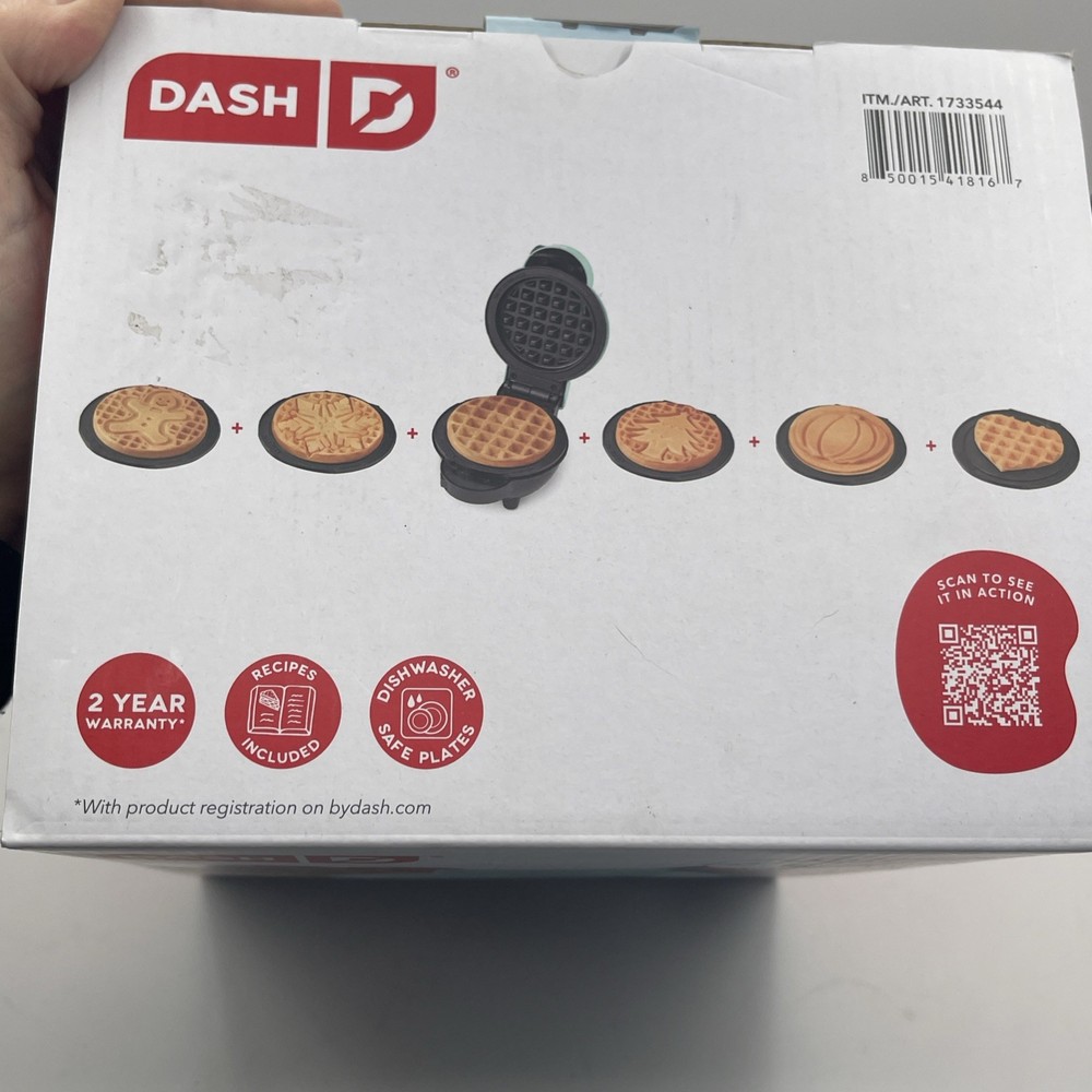 DASH Mini Waffle Maker & 7 Interchangeable Holiday Pattern Plates NEW OPEN BOX