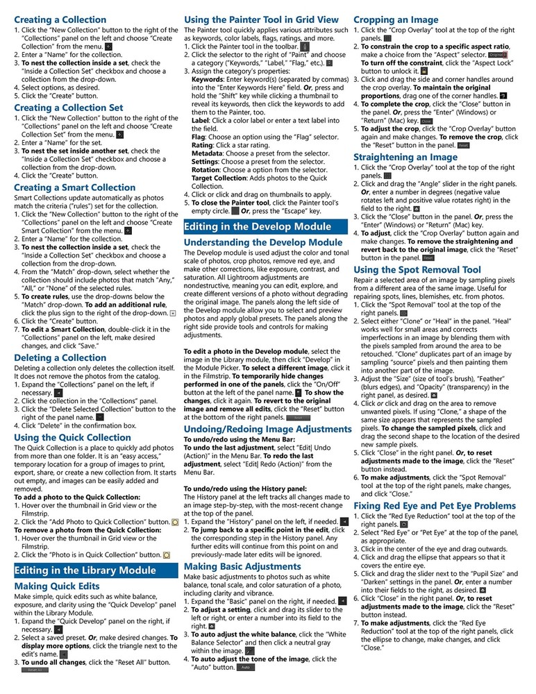 Lightroom Classic CC 2018 Training Guide Quick Reference Card 4 Page Cheat Sheet