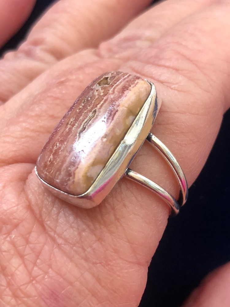 Pink Rosy Rhodochrosite Rectangular Ring Sz 10 Old West Artisan Handmade