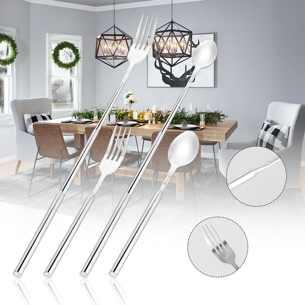 Extendable fork Spoon Telescopic Fork and Spoon Set Stainless Steel Long For