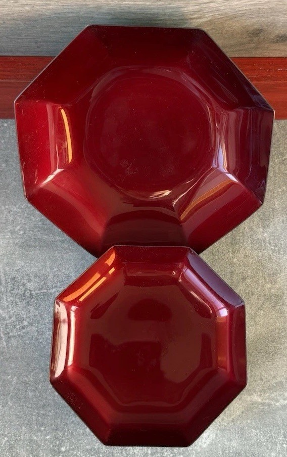 2 REED &BARTON 578 &579 Red Enamel Silverplate Nut Candy Dishes Bowls Octagonal