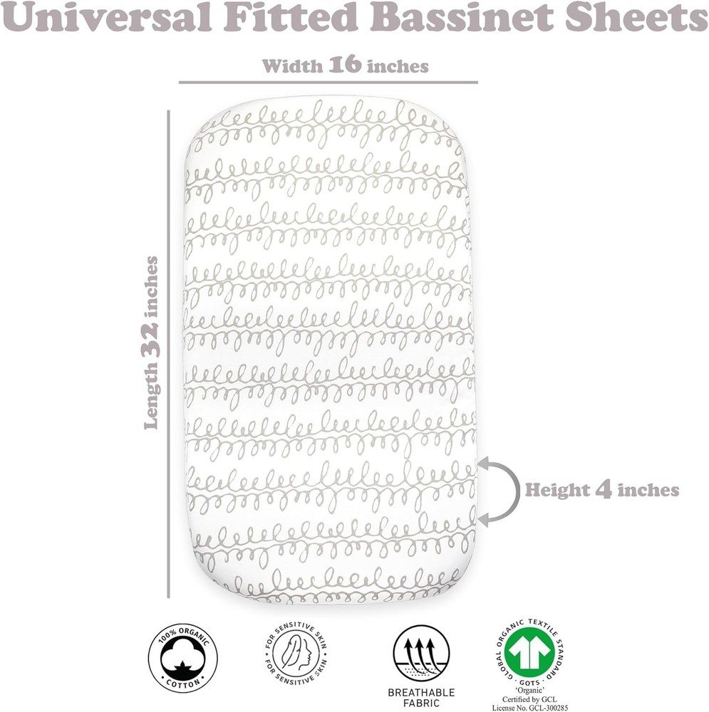 3-Pack Organic Fitted Bassinet Sheets - Soft Cotton for Safe Sleep, Grey