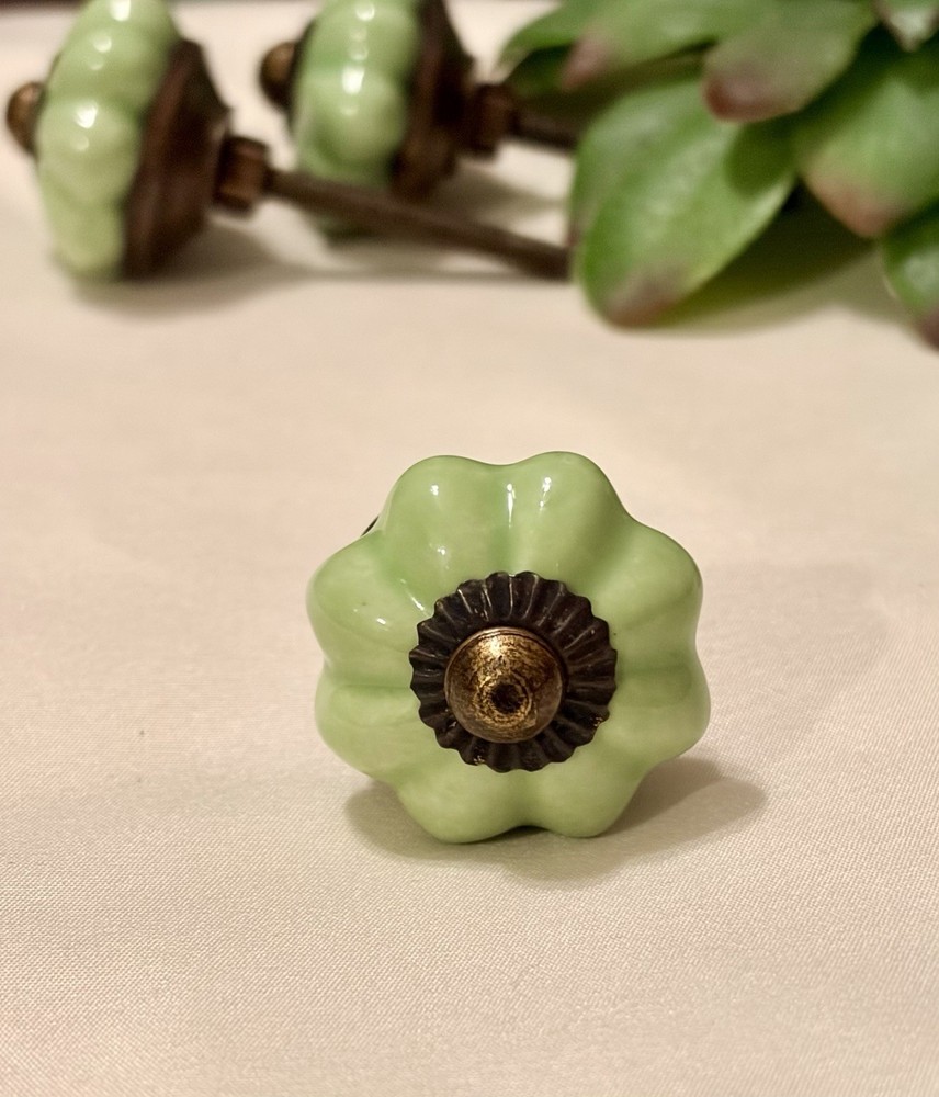 1 Light Green Ceramic Melon Knobs Antique Vintage Green Drawer Pulls