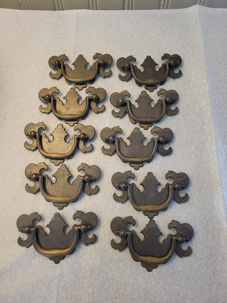 Flat Bat Drop Bail Pull Handle Solid Dark Aged Brass 2-1/2" Centers 10 Vintage