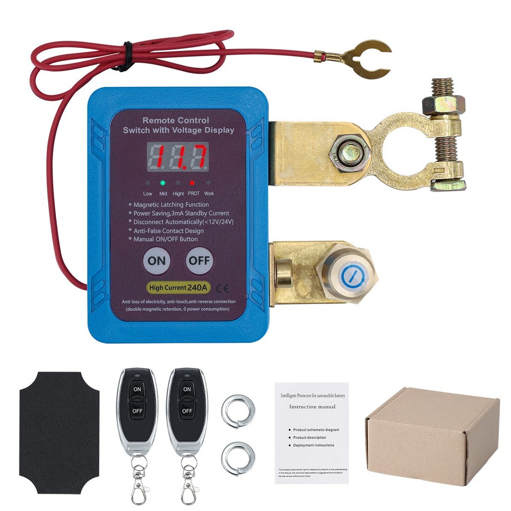 12V/24V Car Remote Battery Disconnect Kill Switch with LED Voltage Display 240A