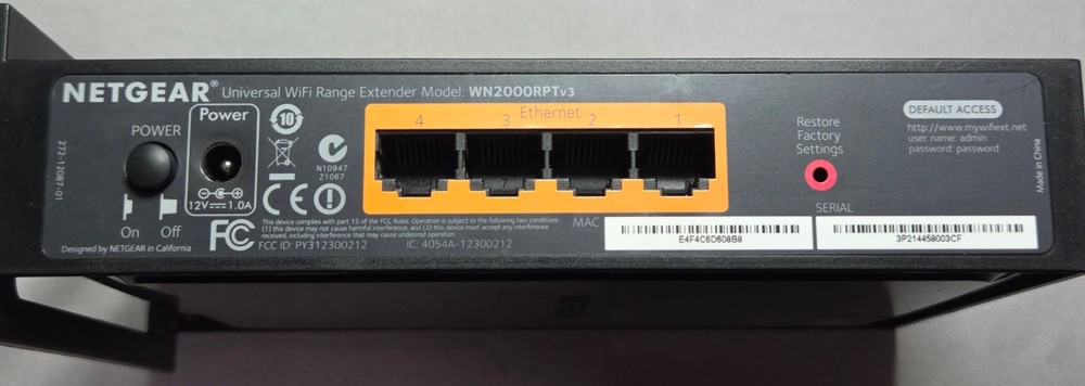 Netgear Range Extender WN2000RPTv3 Universal WiFi Range Extender 4 Port