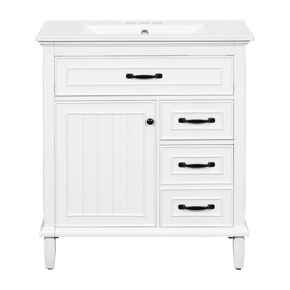 30" White Bathroom Vanity with Ceramic Sink and Solid Wood Cabinet