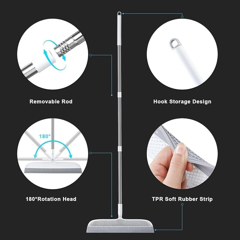 Rubber Broom Pet Hair Removal Squeegee Cleaning Tool Multi-Surface Use