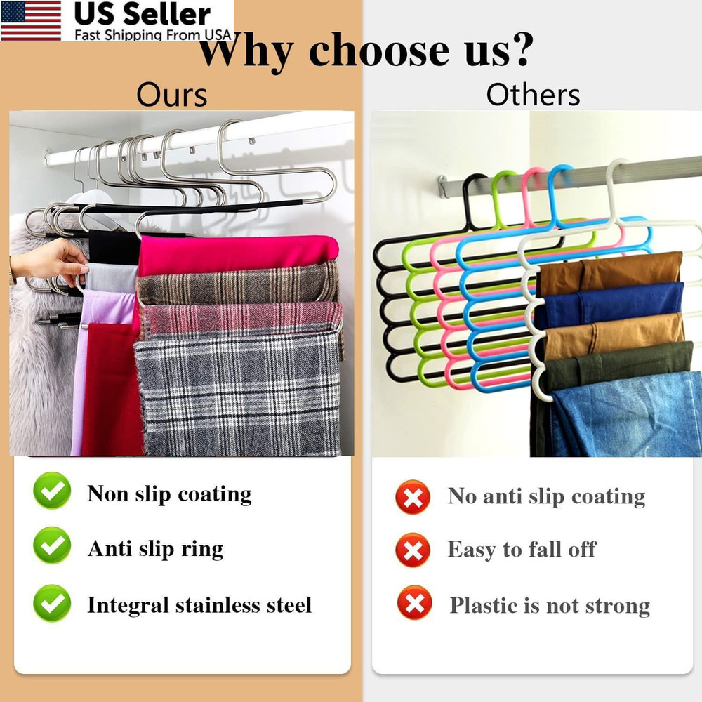 Skroad Pants Hangers Space Saving,2 Pack S-Type 2 Pack, Classic Silver/Black
