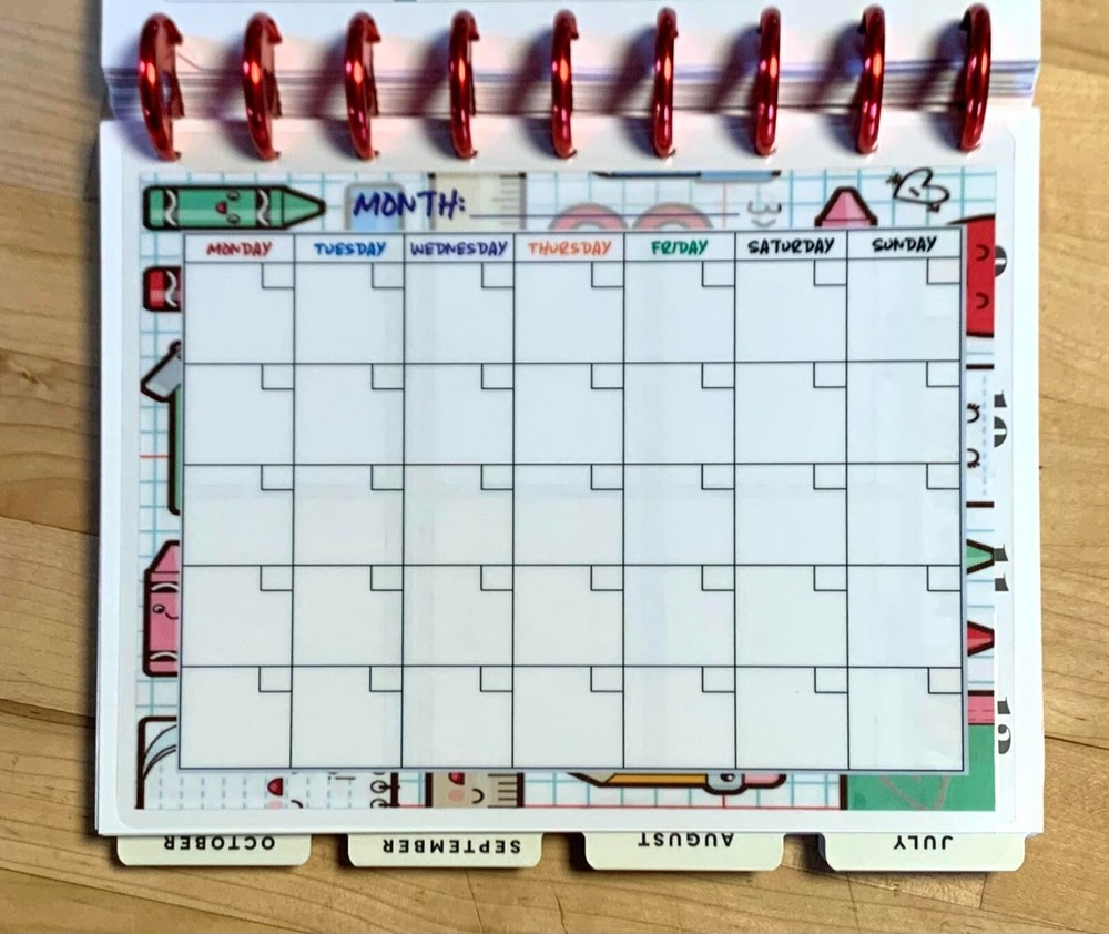 Blank School Month 2 Sided Dashboard Insert for use with Classic Happy Planner-