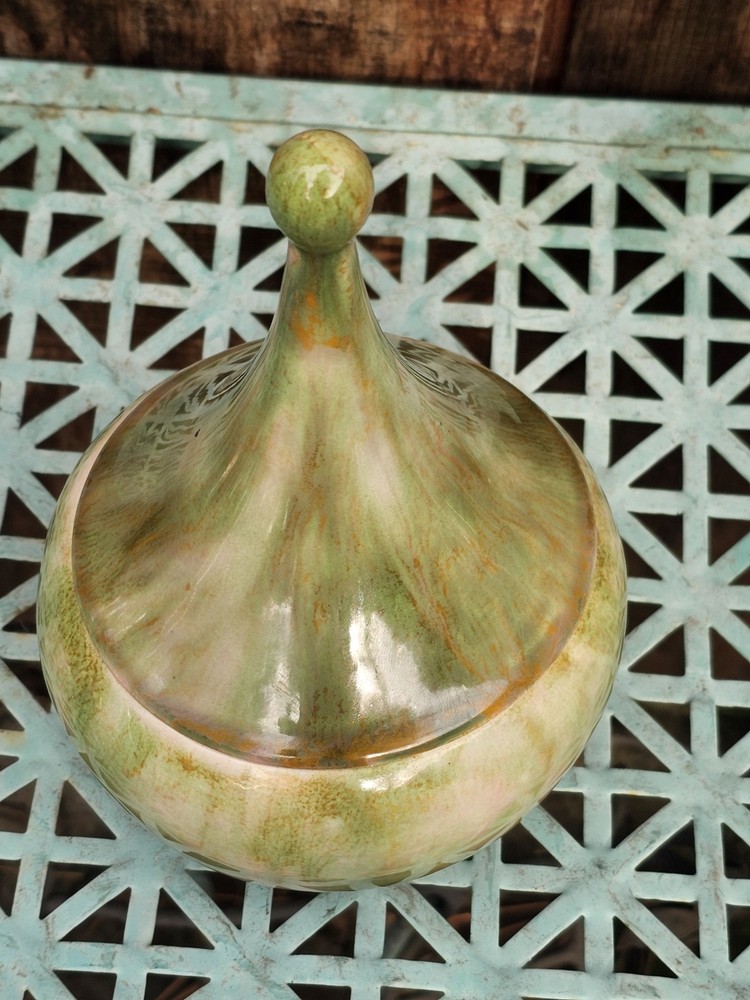 MCM GREENS DRIP GLAZE TEARDROP LIDDED JAR 7"