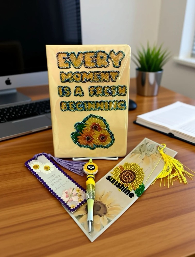 Sunflower Sunshine Bundle includes Notebook , 2 Bookmarks + Beaded Pen