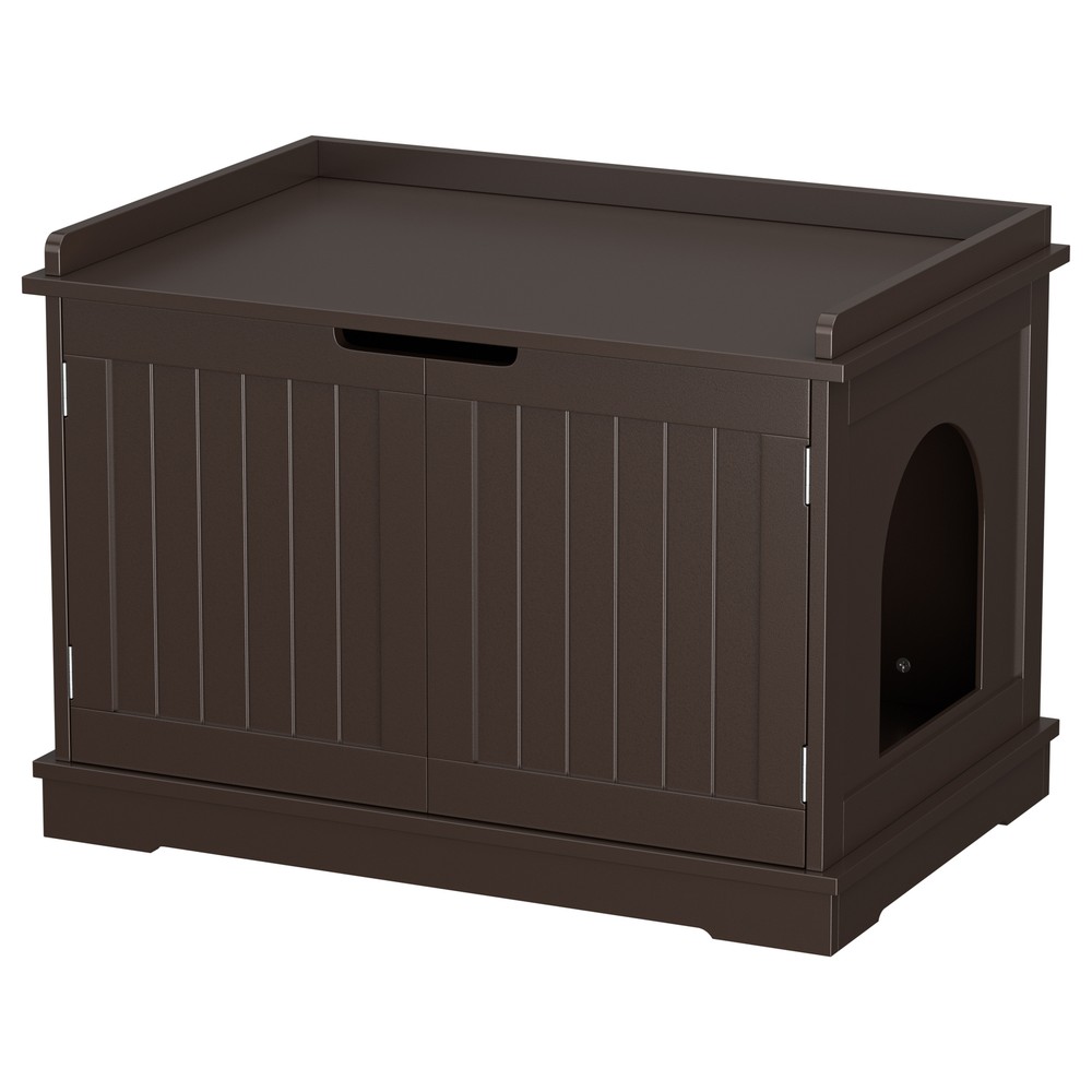 Cat Washroom Litter Box Cabinet Storage Bench Side Table with Doors Light Brown