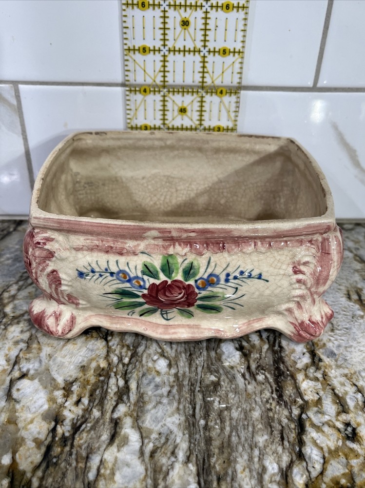 Vintage MIYATA Cream Pink Blue Green Rectangular PlanterMade Japan Hand Painted