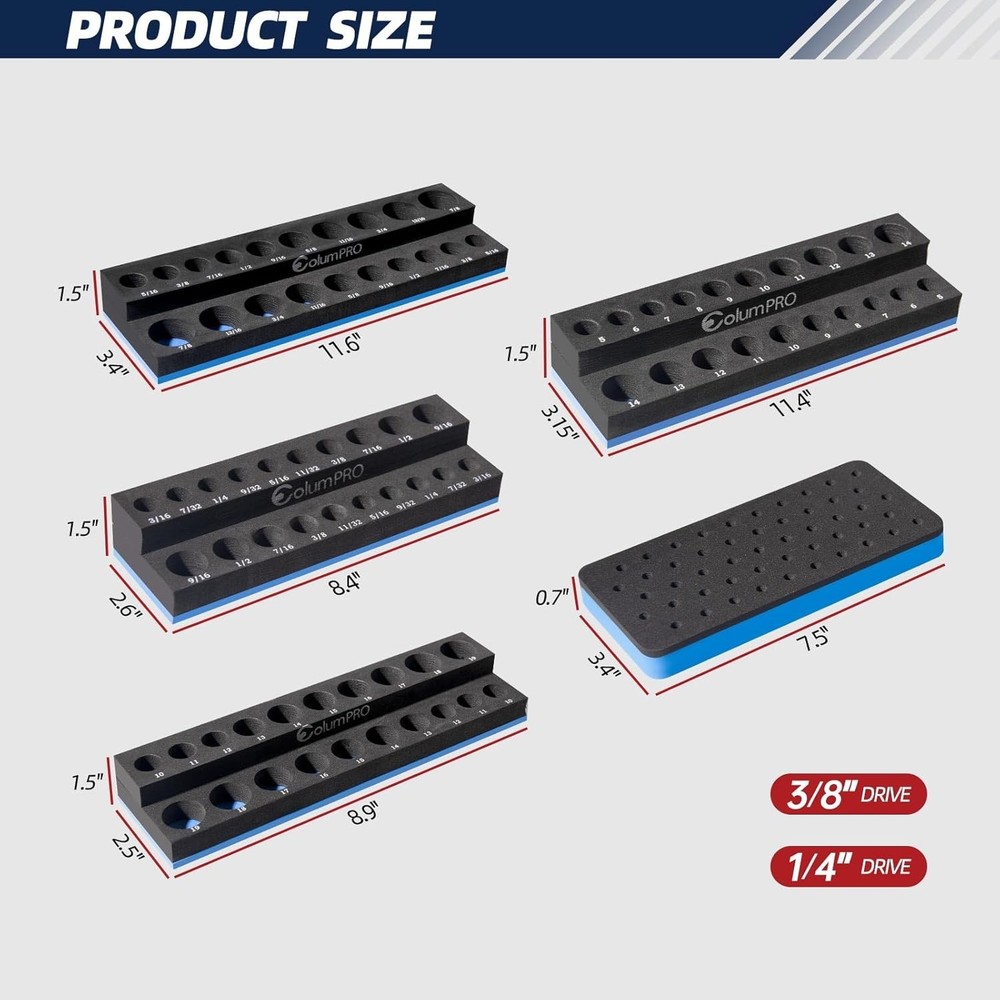 Foam Socket Organizer for Tool Box Drawer,Sockets Holder for Both 3/8&1/4” Squar