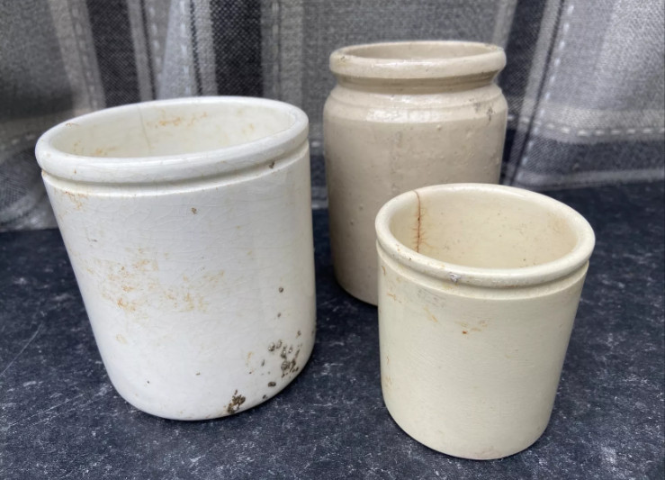 3 Old Ironstone Pots, Stained And Crazed