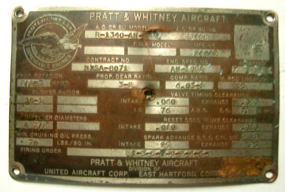 WW2 Pratt Whitney R-1340 engine Plaque - 1943   LL