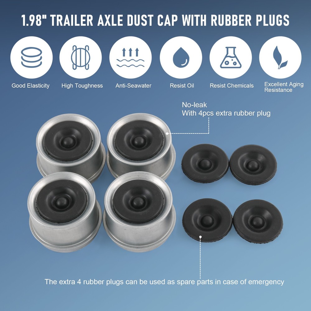 4 pcs Trailer 1.98" Axle EZ Lube Grease Hub Cover Dust Cap Cup&Extra Rubber Plug