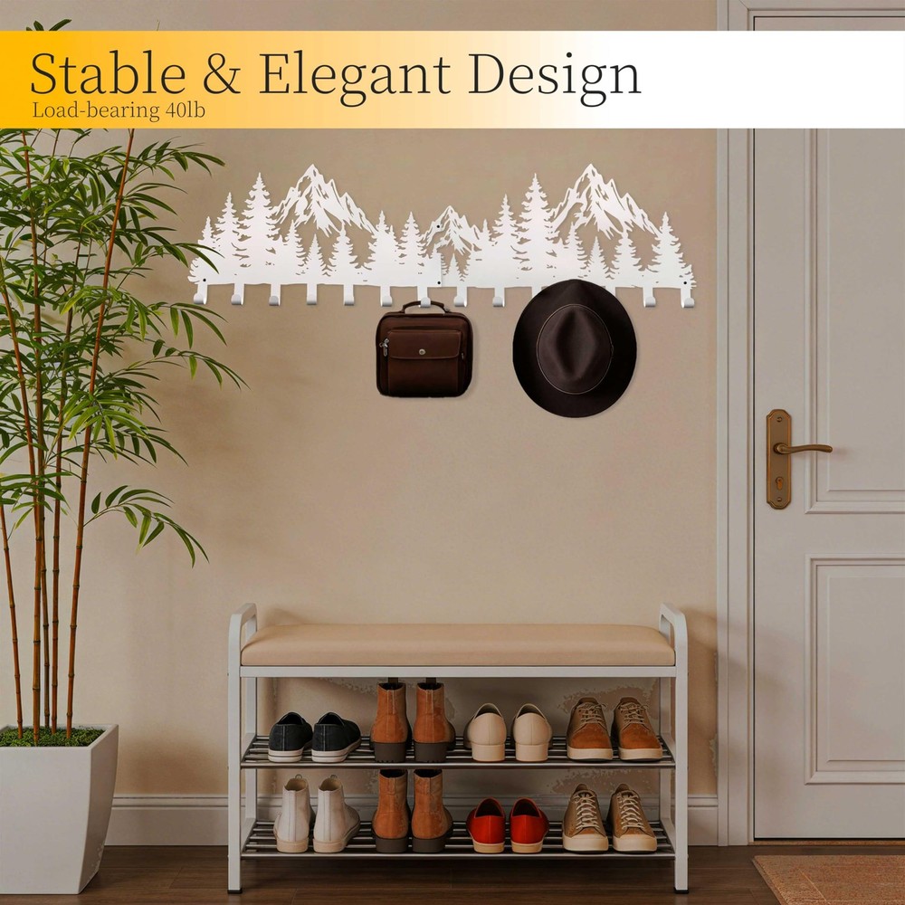Large White Mountain Wall Mount with 14 Hooks, Decorative Forest Art Wall Han...