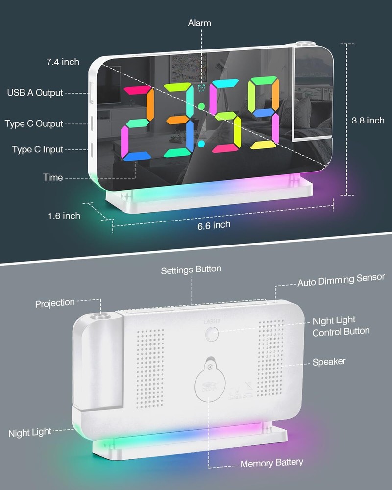 Digital Projection Alarm Clock with Rotatable LED Display and Modern Decor