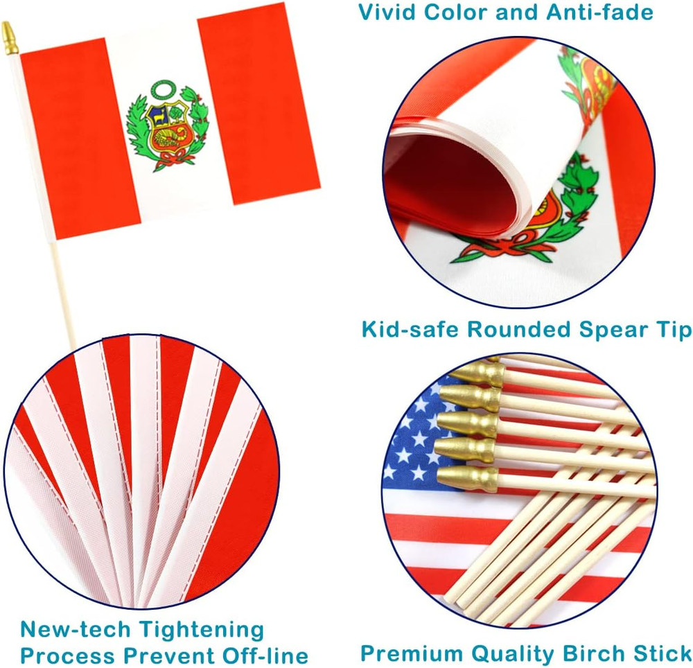 Peru Small Flag Peruvian Stick Mini Hand Held Flags - Solid Wooden Pole with Spe