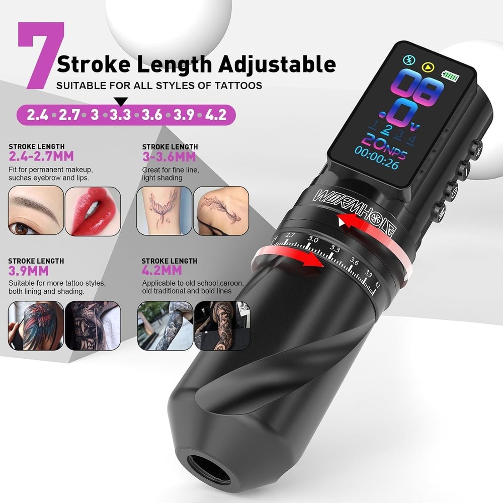 Complete Wireless Tattoo Kit: Adjustable Stroke Machine, 2300mAh Dual Batteries
