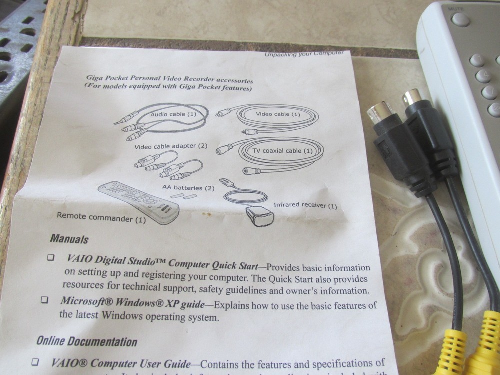 SONY VAIO PC REMOTE RM-GP4U & INFARED RECEIVER