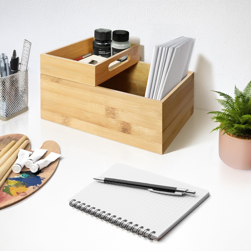 3-Piece Stackable Bamboo Storage Box, Office Desk Organizer, Wooden Boxes for...