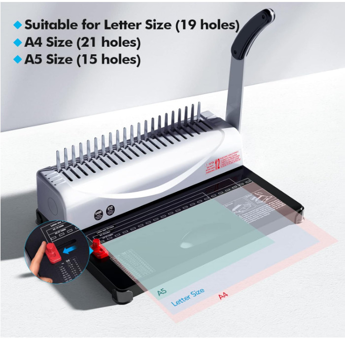 21-Hole Comb Binding Machine –450 Sheets Capacity with Spines for Letter, A4, A5