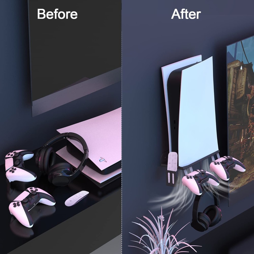 For PS5 Accessories Console Wall Mount W/Controller Headset Hanger Charge Cable