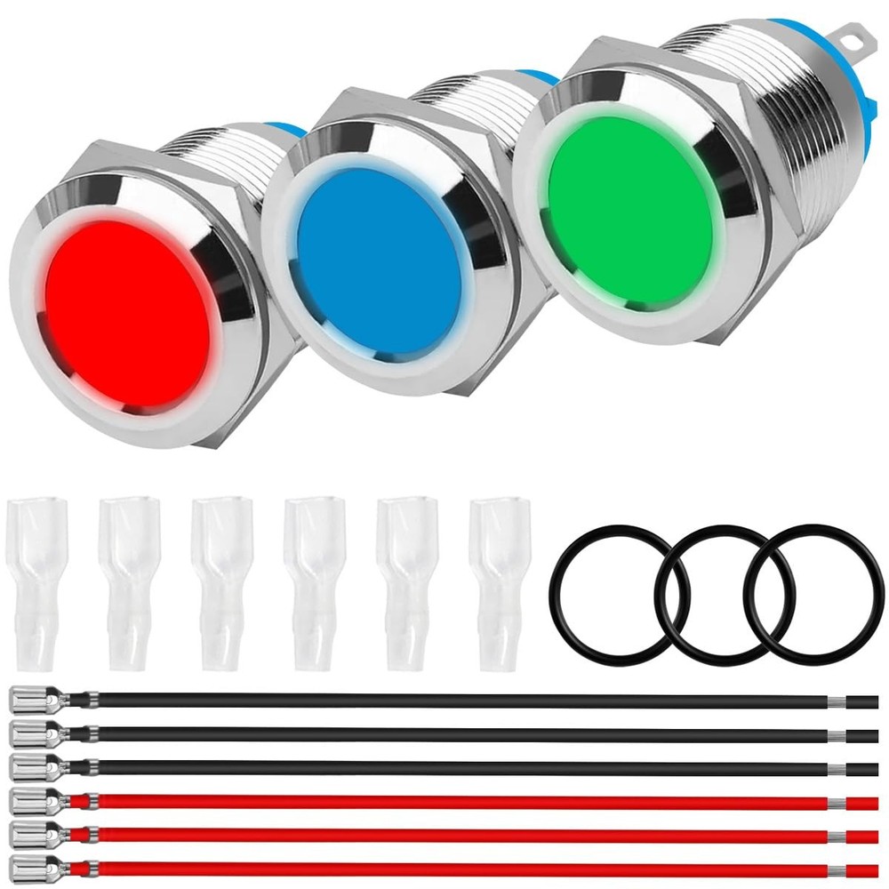 3PCS Indicator Light 22mm 7/8" DC 12V-24V 3A Waterproof IP67 LED Pilot Dash