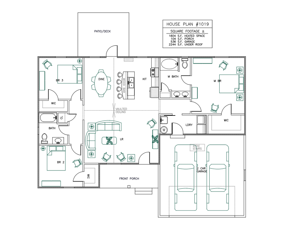 Ranch House Plans 1604 SF 3 Bed 2 Bath Open Floor - Split BR (Blueprints) #1019