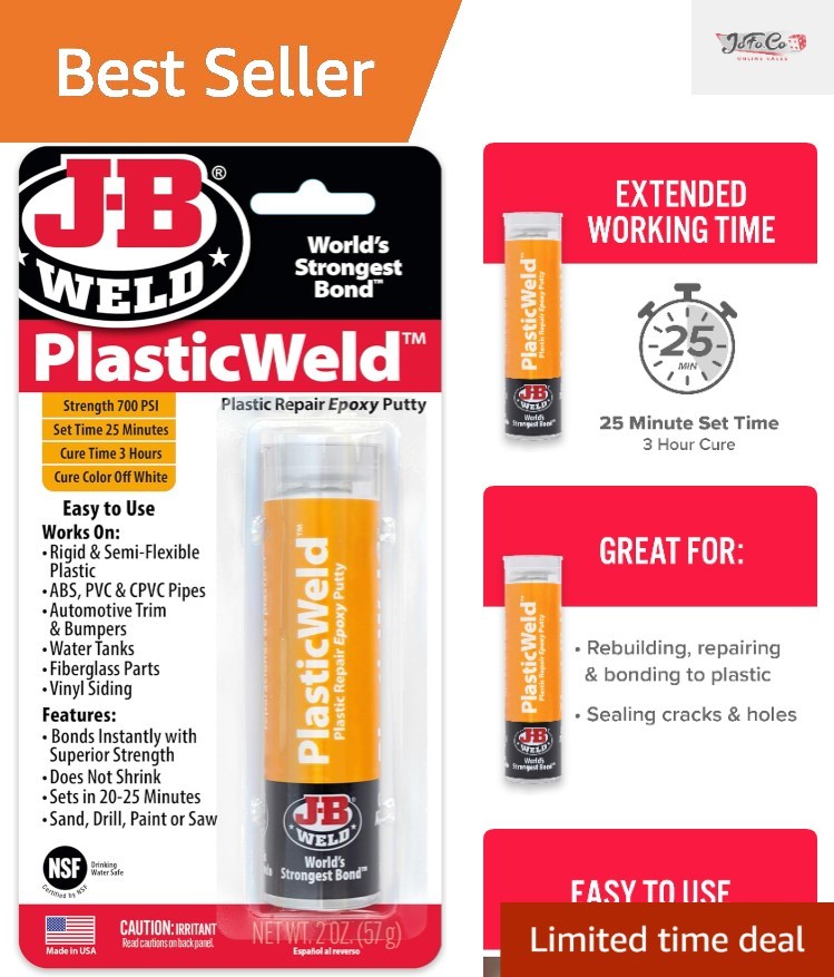 PlasticWeld Epoxy Putty 2 oz - Fast-Setting, Waterproof Plastic Repair Solution