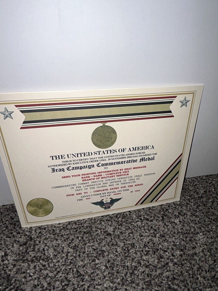 IRAQ CAMPAIGN MEDAL (OIF) COMMEMORATIVE CERTIFICATE ~ W/PRINTING TYPE-1