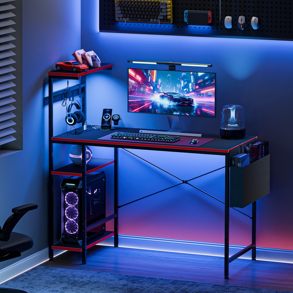 44" Computer Desk Rectangular Gaming Desk with LED Lights & Power Outlets Black
