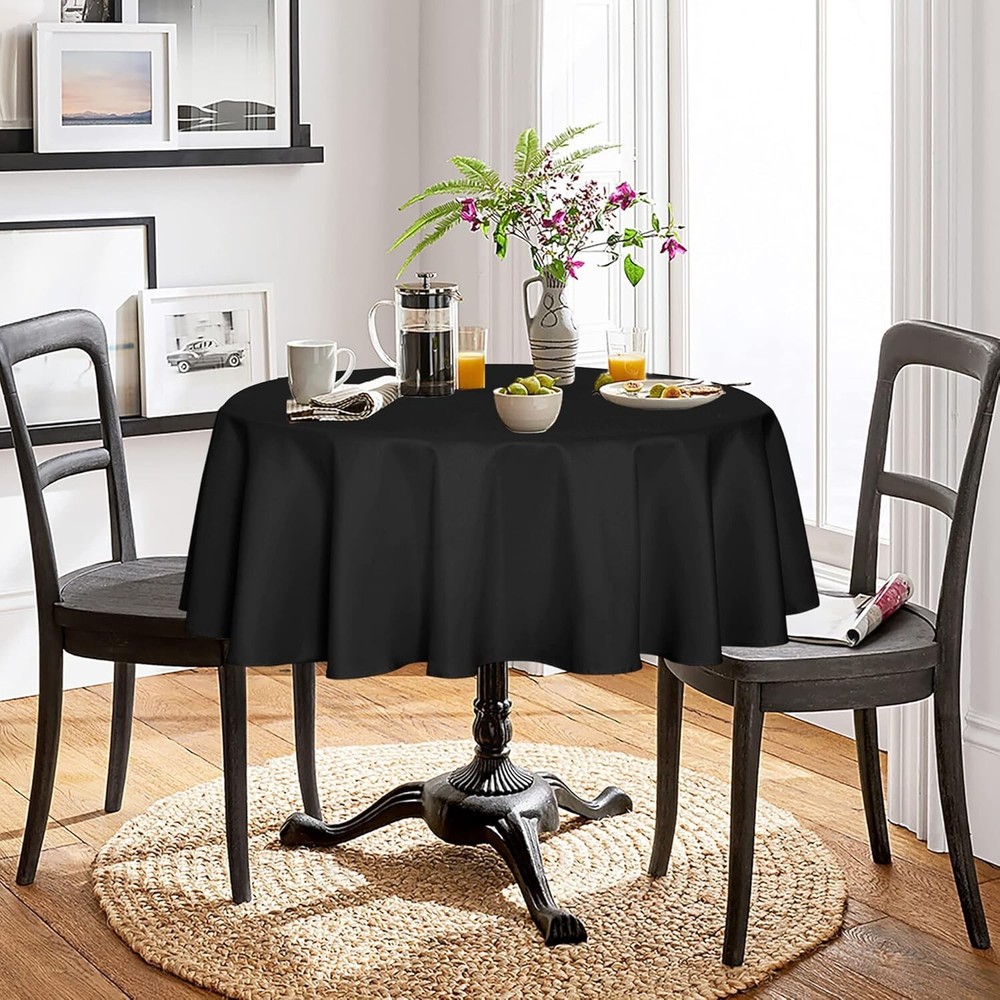 60 Inch Round Black Polyester Tablecloth, washable any occassion