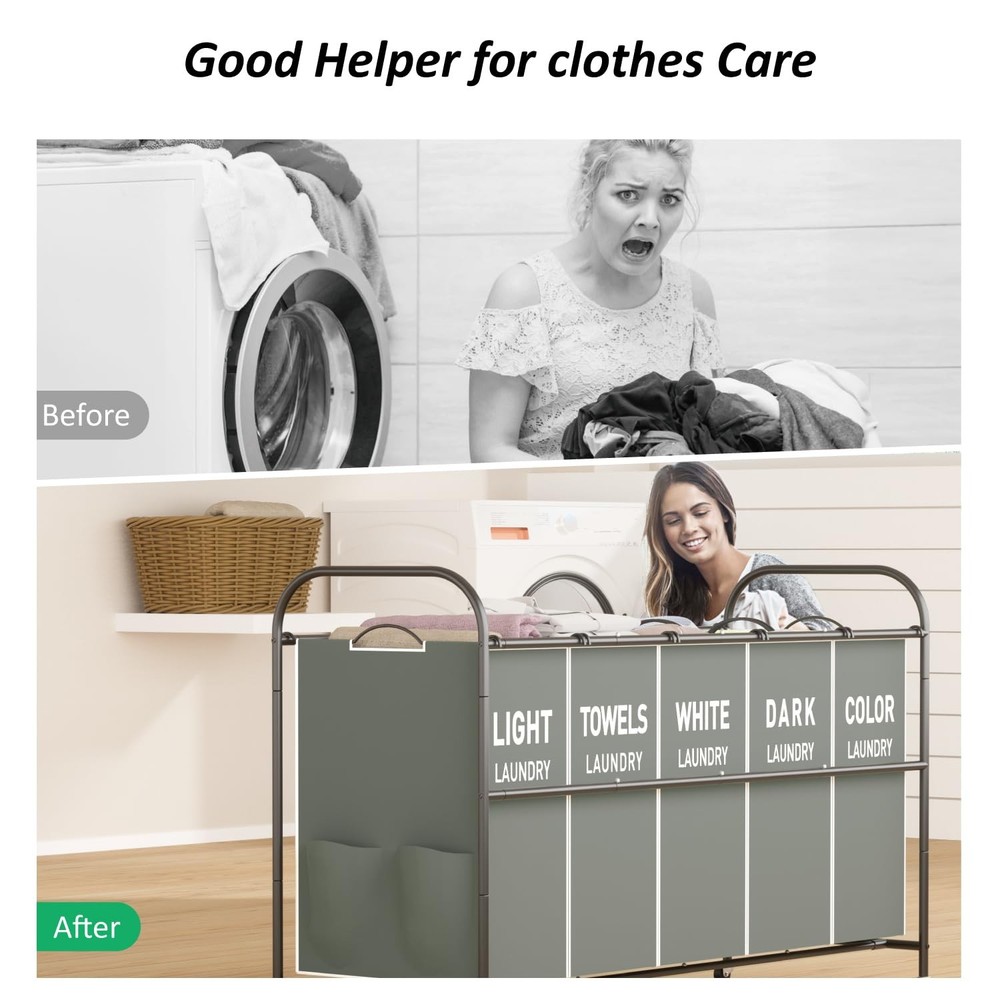 5-Section Laundry Sorter Cart, Large Laundry Hamper with Lockable Rolling Whe...