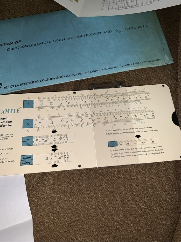 Electramite Electromechanical Coupling Coefficient and Qm Slide Rule & Ephemera