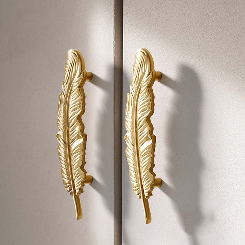 Feather Golden Solid Brass Copper Handle Wardrobe Door Cupboard Pull Handle