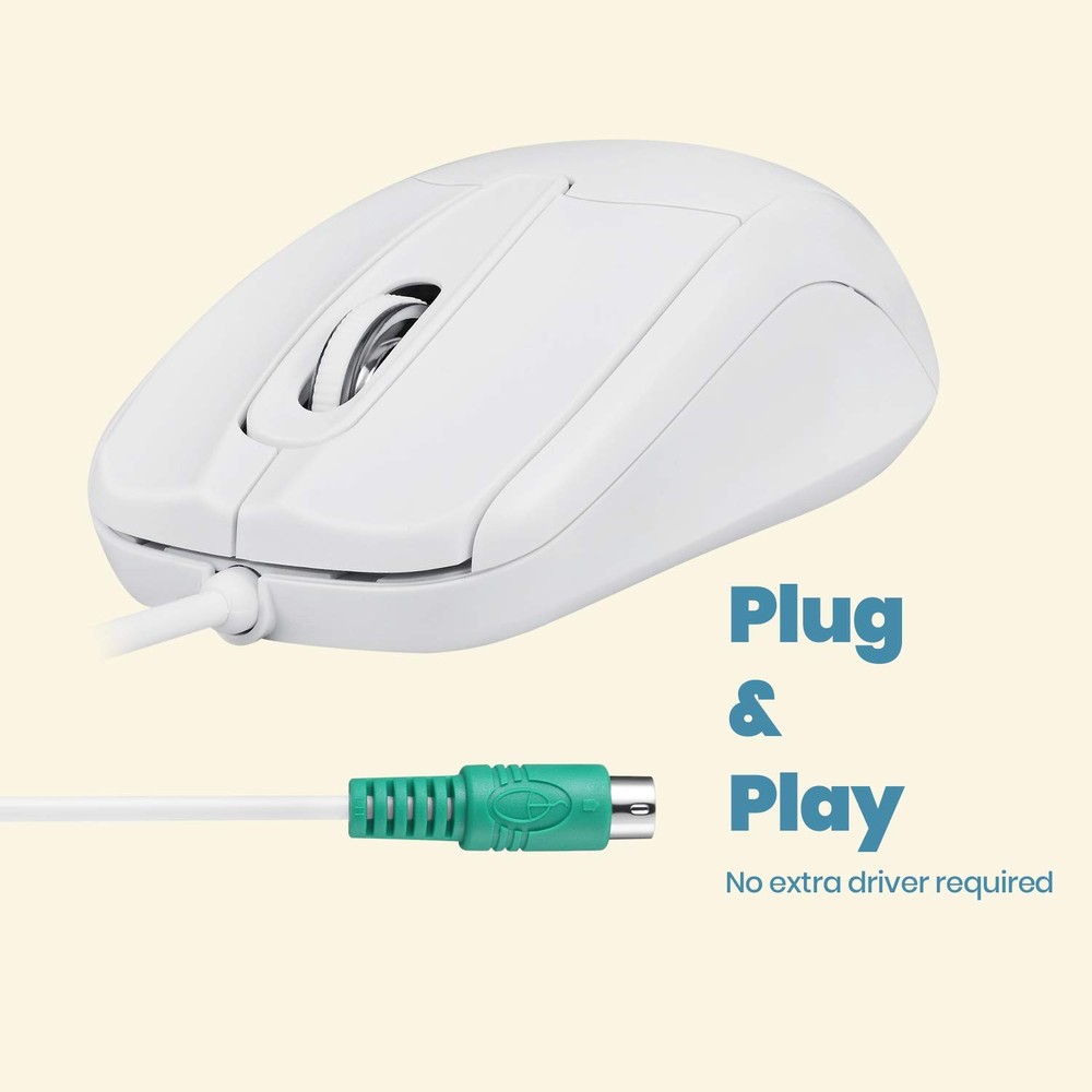 White PERIMICE-209 P Wired PS/2 Optical Mouse with Scroll Wheel 1000 DPI
