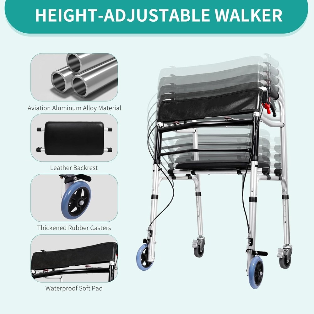 2-Button Folding Walker Height Adjustable Walking Aid with Seat 4 Wheels Brakes