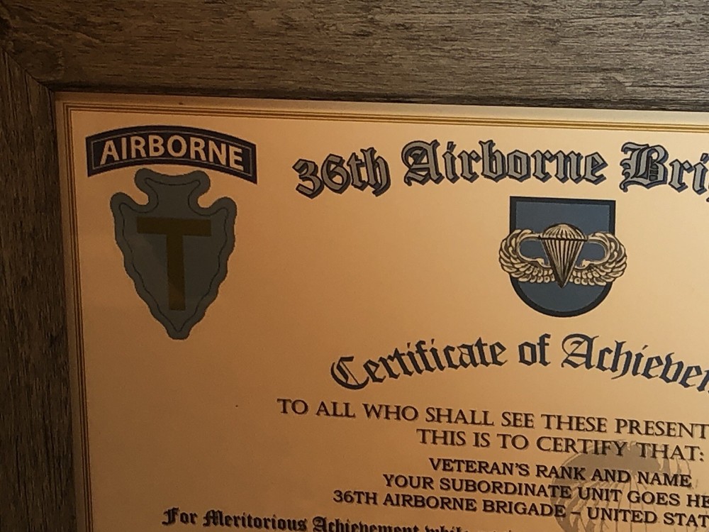 36TH AIRBORNE BRIGADE - ACHIEVEMENT (COMMEMORATIVE CERTIFICATE)